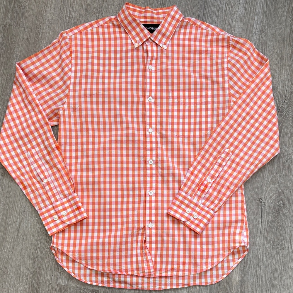 Bonobos Vibrant Pink Orange and White Plaid Shirt size M slim fit